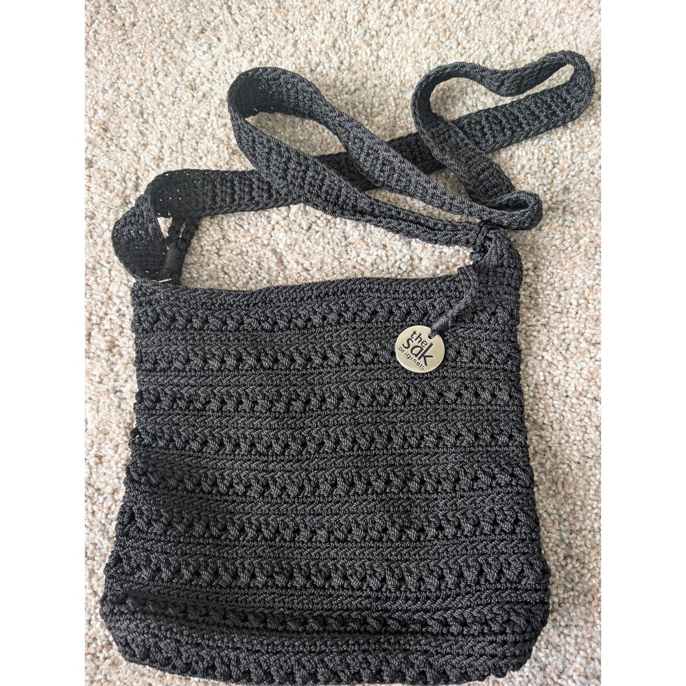 The Sak Originals Black Crochet Crossbody Bag Woven Boho Zip Purse 10x10x3